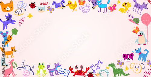 Kid background border for kindergarten and school projects. Colorful animal frame with crayon and paint elements for preschool graduation certificate, child diploma or playful educational template.