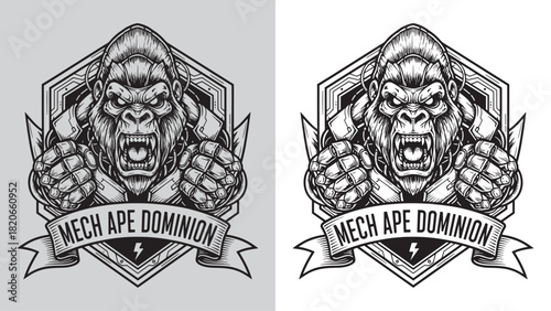 Aggressive Roaring Cyber Gorilla Mech Ape Dominion Logo in Engraving Style