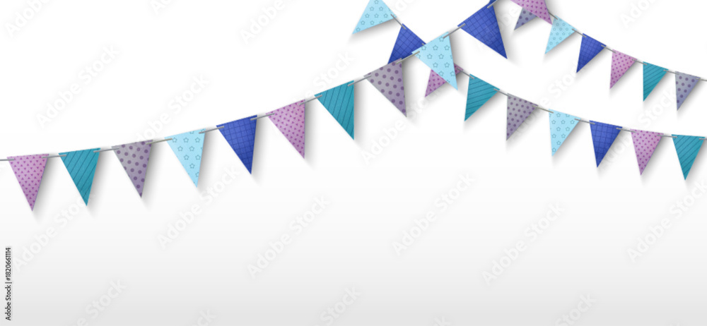 Fototapeta premium Colorful pennant garland with triangle paper flag bunting for festive birthday party. Hanging banner decoration on string border with cheerful carnival atmosphere. 3d vector celebration banner.
