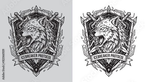 Angry Cyber Wolf Head Icebreaker Protocol Shield Logo Engraving