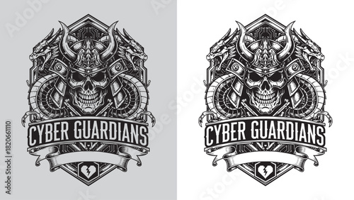 Cyber Guardians Samurai Skull Helmet and Blue Dragons Tech Logo