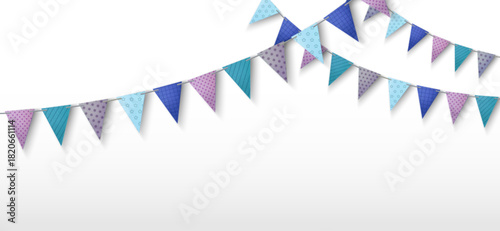 Colorful pennant garland with triangle paper flag bunting for festive birthday party. Hanging banner decoration on string border with cheerful carnival atmosphere. 3d vector celebration banner.