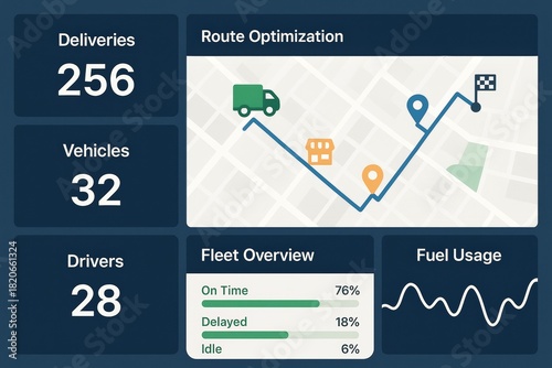 Route optimization and fleet management dashboard with key performance indicators
