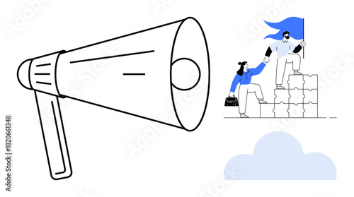 Large megaphone with individuals climbing puzzle blocks, one helping another to reach a blue flag. Ideal for leadership, teamwork, communication, motivation, support, growth collaboration. A simple
