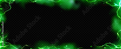 Green smoke and lightning background with thunder effect on black. Magic light frame with toxic fog, energy bolts and wizard glow. Transparent overlay with creepy mysterious elements and neon border.
