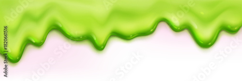 Liquid green slime border isolated on white background. Vector realistic illustration of toxic jelly drip texture, sticky stain flow on surface, spooky Halloween syrup blobs, goo color paint splatter