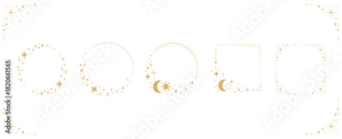 Set of golden celestial frames in circular and square shapes with stars, sparkles, and crescent moons, perfect for invitations, mystical branding, astrology designs, greeting cards, packaging. Vector