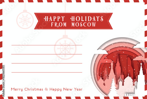 From Moscow Happy Winter Holidays postal card template. Vector blank postcard illustration for Christmas, New Year celebration with landmarks, message space layout