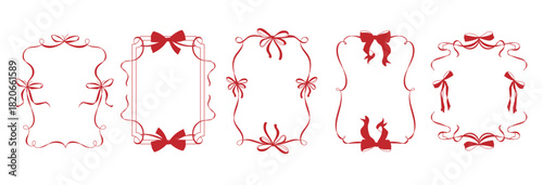 Set of hand drawn frames with ribbon and bow in romantic styles for greeting cards, wedding invitations, Valentines Day designs, packaging, scrapbooking, event printable stationery Vector illustration