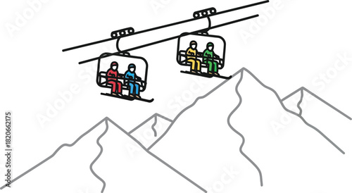 Skiers riding a ski lift over snowy mountains on a bright sunny winter day