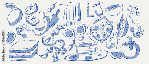 Hand drawn Italian food sketches collection on white background. Vector illustration of blue ink doodle pizza, lemon, olives, tomato, seafood, summer beach accessories, vintage vacation travel items