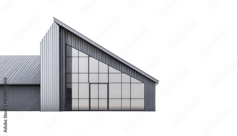 Fototapeta premium Modern gray house isolated on transparent background featuring a striking triangular window design and a sleek, minimalist aesthetic, showcasing contemporary architectural style