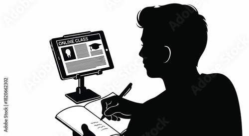 Online learning silhouette illustration of a student taking notes during a virtual class session
