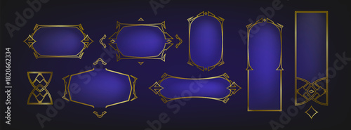 Medieval game ui frames set isolated on background. Vector realistic illustration of gothic golden line borders, luxury vintage menu boxes for antique user interface design, royal emblem, rank button