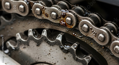 Macro shot of a greased bicycle chain and gear, Close up of a bicycle chain and gear coated in grease and grime showing mechanical details
