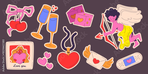 Valentine day gift collection with heart locket, cute sticker elements and love design icons. Vector cartoon illustration set of wine and dice, cherry and romantic cupid with arrow for greeting cards.