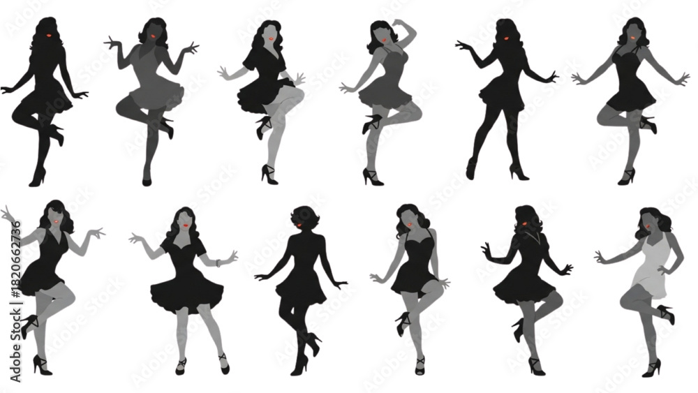 Fototapeta premium Diverse Female Silhouettes and Illustrations Expressing Joyful Dance, Graceful Movement, and Empowerment in Elegant Poses