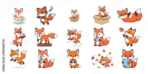 Collection of cute fox illustrations in various poses and activities on white