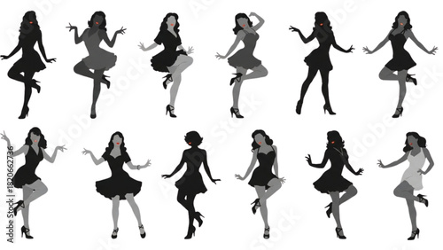 Diverse Female Silhouettes and Illustrations Expressing Joyful Dance, Graceful Movement, and Empowerment in Elegant Poses