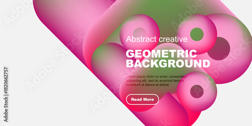 Abstract shapes, vibrant colors, geometric design. Text includes geometric background, plus call to action button. Modern aesthetic.