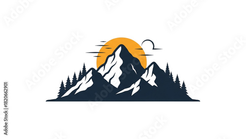 Outdoor adventure logo featuring a stylized mountain range with a pine forest and a setting sun