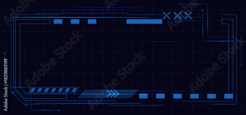 HUD frame UI tech design for cyberpunk game interface. Futuristic screen overlay with digital elements and holographic borders. Modern technology display for sci fi gaming, VR applications and space.
