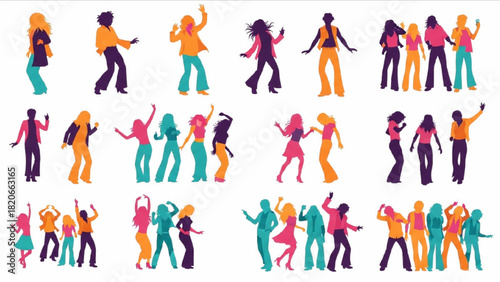 A vibrant and colorful collection of diverse dancing people silhouettes celebrating at a party