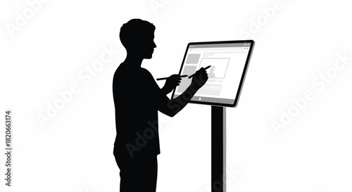 A man in silhouette writing on a digital screen with a stylus on a stand against a white background.