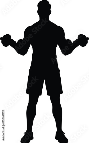 Silhouette of a man performing bicep curls with dumbbells isolated on white