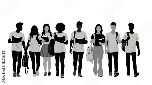 Diverse Group of Students Walking Together with Books and Bags - Education Theme