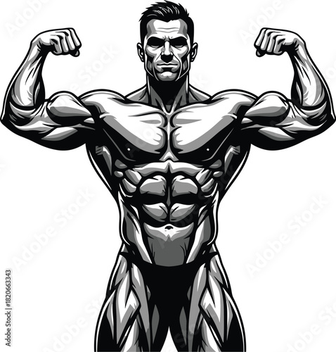 Muscular bodybuilder flexing arms and showing defined abs