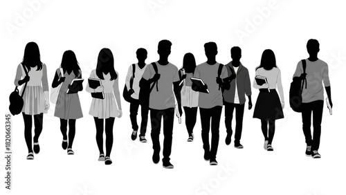 Silhouette of a diverse group of college students walking forward together