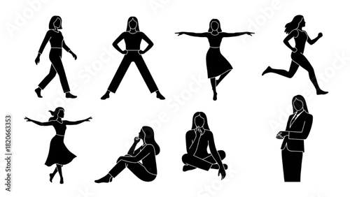 Set of vector silhouettes of a woman in different poses like walking, running, sitting, and standing
