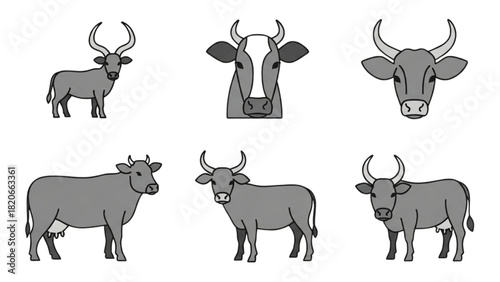 A collection of stylized monochrome cattle illustrations featuring various cow breeds and horn types, perfect for farm-themed designs