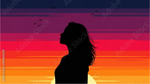 Silhouette of a Woman Against a Vibrant Sunset Sky with Flying Birds