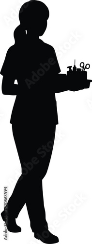 Silhouette of a woman walking and holding a clipboard