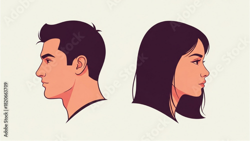 Vector illustration of a man and woman in profile looking in opposite directions