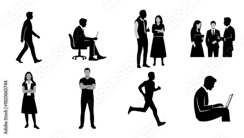 Diverse silhouettes of people in motion and at work, illustrating modern life and business concepts