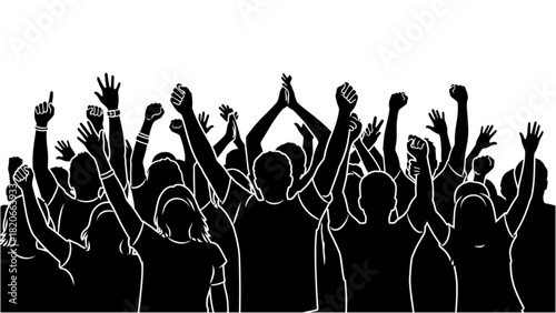Crowd of Silhouette People with Raised Hands in Celebration Illustration
