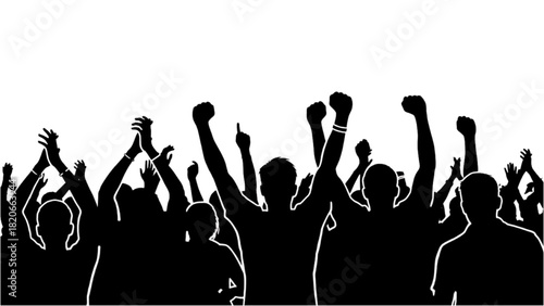 Silhouette of cheering crowd with raised arms, isolated on white