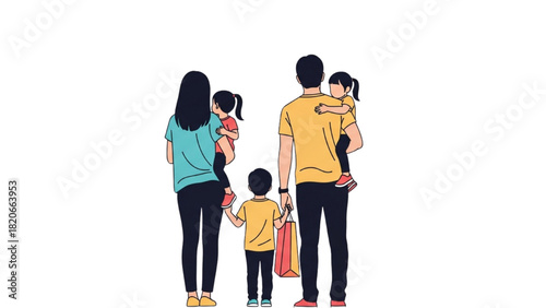 Rear view illustration of a young family with parents and three children standing together