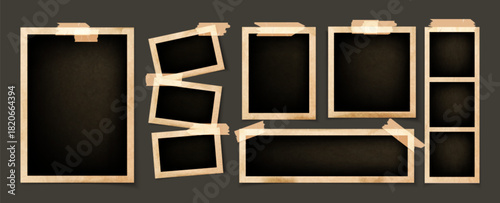 Vintage photo frames with brown paper borders glued by adhesive tape on dark background. Vertical and horizontal rectangular templates of instant pictures for old scrapbook or memory wall design.