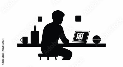 Vector graphic silhouette of a freelancer working on a laptop from a modern home kitchen counter, representing a remote work lifestyle