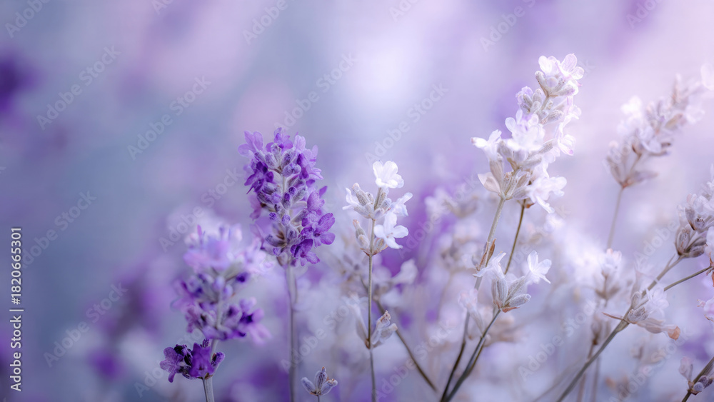 Naklejka premium Close-up of delicate purple and white lavender blossoms in a dreamy, soft-focus field, evoking tranquility and natural beauty.