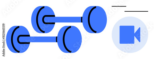 Blue dumbbells arranged near a video icon showcasing home fitness and virtual training. Ideal for wellness, personal training, exercise, sports, online learning, gym, and virtual classes. Simple flat