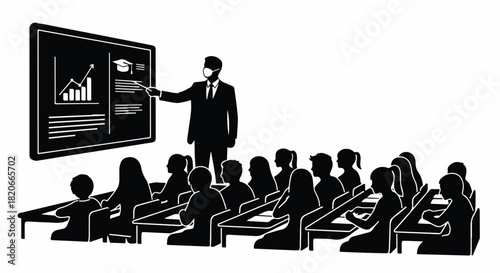 Silhouette vector illustration of a teacher with a face mask giving a presentation on a digital screen to students in a modern classroom