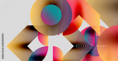 Abstract geometric shapes overlap, creating vibrant color gradients. Modern design features smooth transitions, dynamic composition.