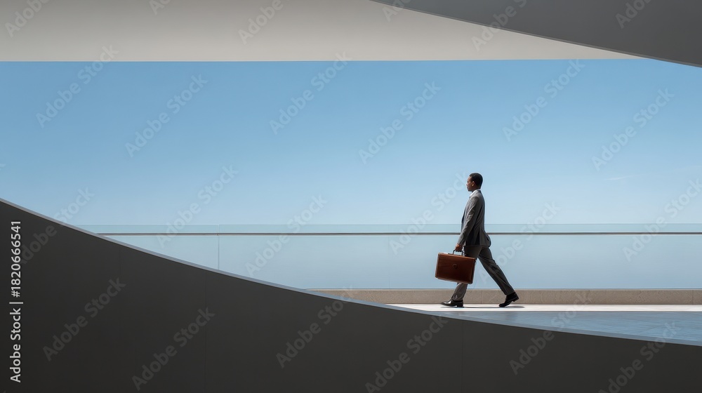 Obraz premium Businessman Walking with Briefcase in a Minimalist Architectural Environment.