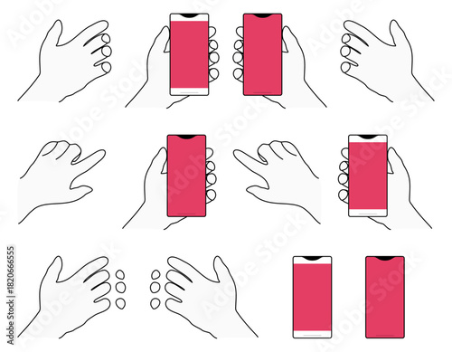 スマートフォンを持つ手とタップする手のセット　右手と左手　2パターンのスマホ　単体　赤／レッド　ベクター／透過PNG／JPEG白背景