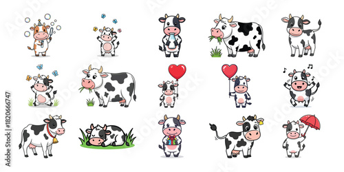 Collection of cartoon cows in various poses and situations on white background